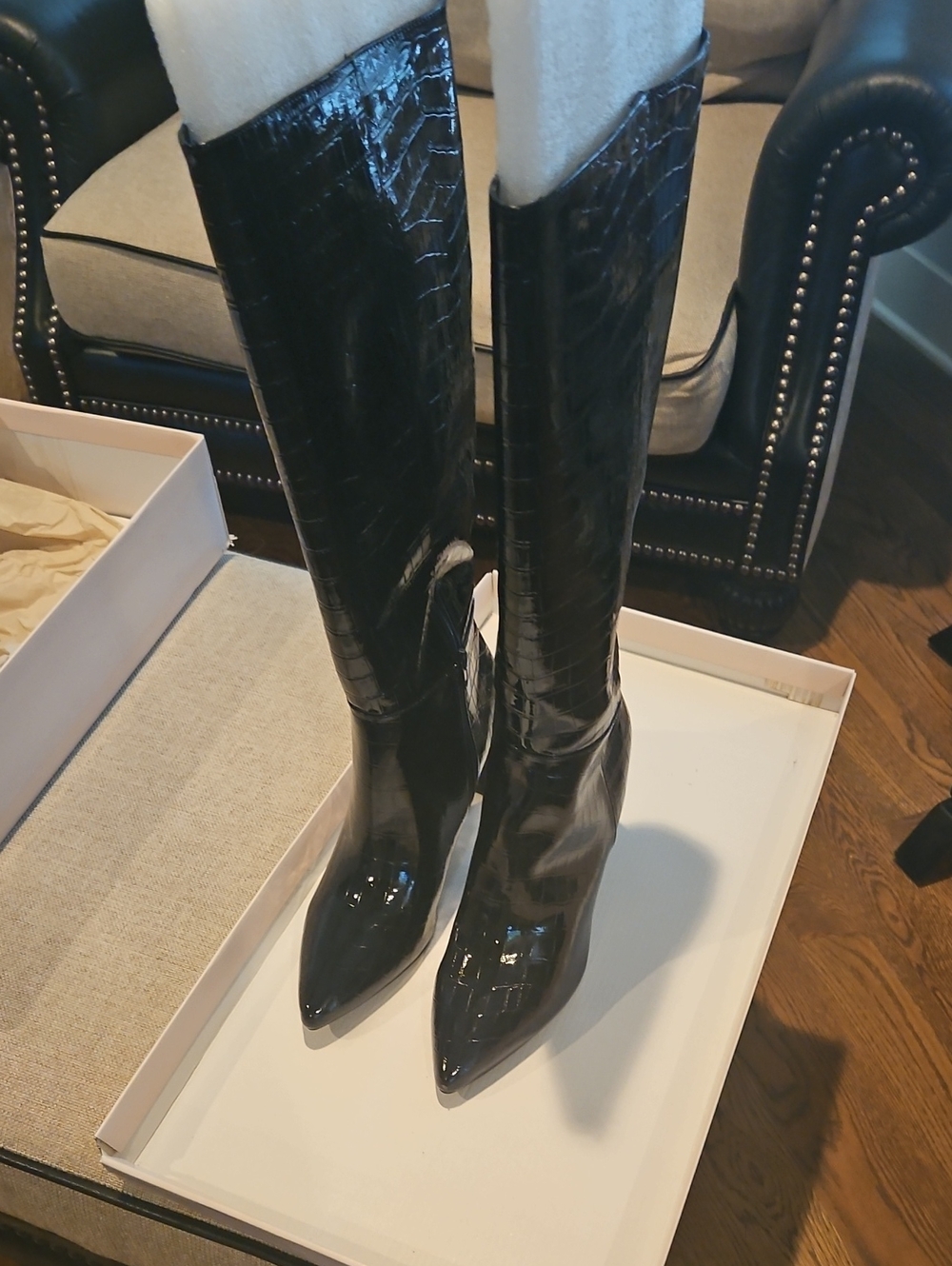 Chinese Laundry Black Croc-Embossed Patent Boots